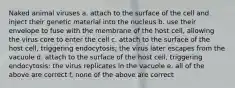 Naked animal viruses a. attach to the surface of the cell and inject their genetic material into the nucleus b. use their envelope to fuse with the membrane of the host cell, allowing the virus core to enter the cell c. attach to the surface of the host cell, triggering endocytosis; the virus later escapes from the vacuole d. attach to the surface of the host cell, triggering endocytosis; the virus replicates in the vacuole e. all of the above are correct f. none of the above are correct