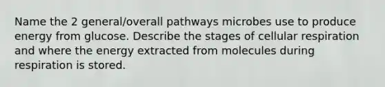 Name the 2 general/overall pathways microbes use to produce energy from glucose. Describe the stages of cellular respiration and where the energy extracted from molecules during respiration is stored.