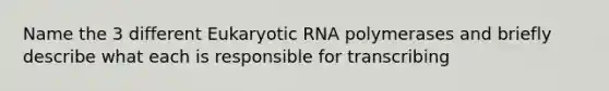 Name the 3 different Eukaryotic RNA polymerases and briefly describe what each is responsible for transcribing