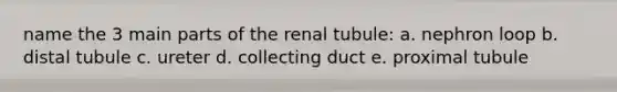 name the 3 main parts of the renal tubule: a. nephron loop b. distal tubule c. ureter d. collecting duct e. proximal tubule