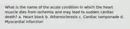 What is the name of the acute condition in which the heart muscle dies from ischemia and may lead to sudden cardiac death? a. Heart block b. Atherosclerosis c. Cardiac tamponade d. Myocardial infarction