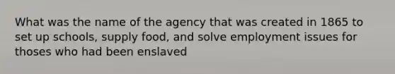 What was the name of the agency that was created in 1865 to set up schools, supply food, and solve employment issues for thoses who had been enslaved