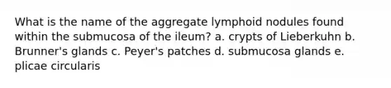 What is the name of the aggregate lymphoid nodules found within the submucosa of the ileum? a. crypts of Lieberkuhn b. Brunner's glands c. Peyer's patches d. submucosa glands e. plicae circularis