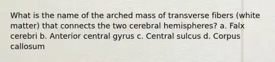 What is the name of the arched mass of transverse fibers (white matter) that connects the two cerebral hemispheres? a. Falx cerebri b. Anterior central gyrus c. Central sulcus d. Corpus callosum