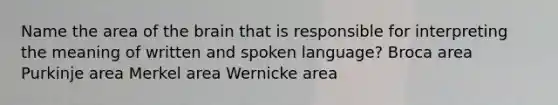 Name the area of the brain that is responsible for interpreting the meaning of written and spoken language? Broca area Purkinje area Merkel area Wernicke area