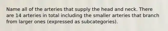 Name all of the arteries that supply the head and neck. There are 14 arteries in total including the smaller arteries that branch from larger ones (expressed as subcategories).