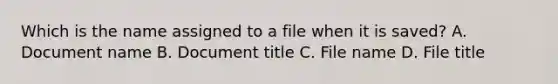 Which is the name assigned to a file when it is saved? A. Document name B. Document title C. File name D. File title