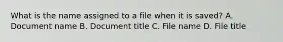 What is the name assigned to a file when it is saved? A. Document name B. Document title C. File name D. File title