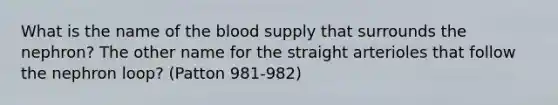 What is the name of <a href='https://www.questionai.com/knowledge/k7oXMfj7lk-the-blood' class='anchor-knowledge'>the blood</a> supply that surrounds the nephron? The other name for the straight arterioles that follow the nephron loop? (Patton 981-982)