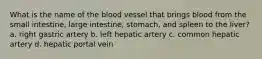 What is the name of the blood vessel that brings blood from the small intestine, large intestine, stomach, and spleen to the liver? a. right gastric artery b. left hepatic artery c. common hepatic artery d. hepatic portal vein