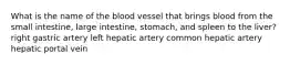 What is the name of the blood vessel that brings blood from the small intestine, large intestine, stomach, and spleen to the liver? right gastric artery left hepatic artery common hepatic artery hepatic portal vein