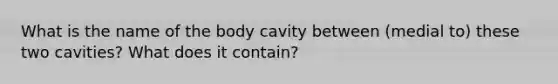 What is the name of the body cavity between (medial to) these two cavities? What does it contain?