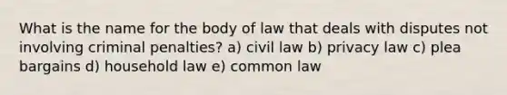 What is the name for the body of law that deals with disputes not involving criminal penalties? a) civil law b) privacy law c) plea bargains d) household law e) common law