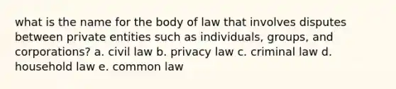 what is the name for the body of law that involves disputes between private entities such as individuals, groups, and corporations? a. civil law b. privacy law c. criminal law d. household law e. common law