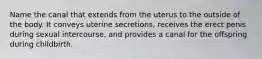 Name the canal that extends from the uterus to the outside of the body. It conveys uterine secretions, receives the erect penis during sexual intercourse, and provides a canal for the offspring during childbirth.