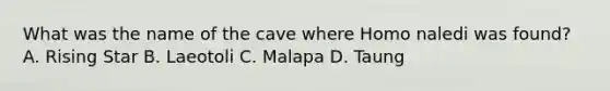 What was the name of the cave where Homo naledi was found? A. Rising Star B. Laeotoli C. Malapa D. Taung