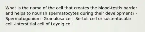 What is the name of the cell that creates <a href='https://www.questionai.com/knowledge/k7oXMfj7lk-the-blood' class='anchor-knowledge'>the blood</a>-testis barrier and helps to nourish spermatocytes during their development? -Spermatogonium -Granulosa cell -Sertoli cell or sustentacular cell -Interstitial cell of Leydig cell