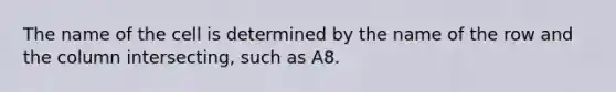 The name of the cell is determined by the name of the row and the column intersecting, such as A8.