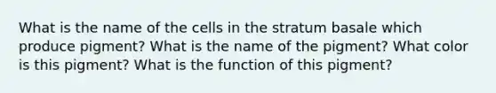 What is the name of the cells in the stratum basale which produce pigment? What is the name of the pigment? What color is this pigment? What is the function of this pigment?