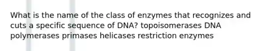 What is the name of the class of enzymes that recognizes and cuts a specific sequence of DNA? topoisomerases DNA polymerases primases helicases restriction enzymes