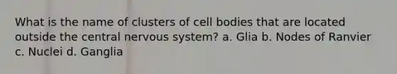 What is the name of clusters of cell bodies that are located outside the central nervous system? a. Glia b. Nodes of Ranvier c. Nuclei d. Ganglia