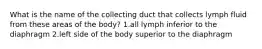 What is the name of the collecting duct that collects lymph fluid from these areas of the body? 1.all lymph inferior to the diaphragm 2.left side of the body superior to the diaphragm