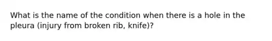 What is the name of the condition when there is a hole in the pleura (injury from broken rib, knife)?