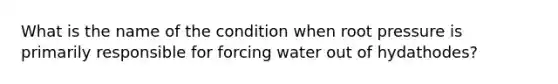 What is the name of the condition when root pressure is primarily responsible for forcing water out of hydathodes?