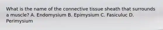 What is the name of the <a href='https://www.questionai.com/knowledge/kYDr0DHyc8-connective-tissue' class='anchor-knowledge'>connective tissue</a> sheath that surrounds a muscle? A. Endomysium B. Epimysium C. Fasiculuc D. Perimysium