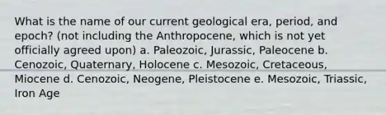 What is the name of our current geological era, period, and epoch? (not including the Anthropocene, which is not yet officially agreed upon) a. Paleozoic, Jurassic, Paleocene b. Cenozoic, Quaternary, Holocene c. Mesozoic, Cretaceous, Miocene d. Cenozoic, Neogene, Pleistocene e. Mesozoic, Triassic, Iron Age