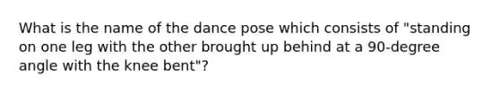 What is the name of the dance pose which consists of "standing on one leg with the other brought up behind at a 90-degree angle with the knee bent"?