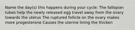 Name the day(s) this happens during your cycle: The fallopian tubes help the newly released egg travel away from the ovary towards the uterus The ruptured follicle on the ovary makes more progesterone Causes the uterine lining the thicken