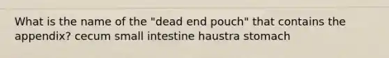 What is the name of the "dead end pouch" that contains the appendix? cecum small intestine haustra stomach