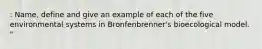 : Name, define and give an example of each of the five environmental systems in Bronfenbrenner's bioecological model. "