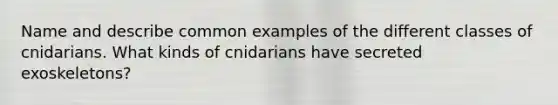 Name and describe common examples of the different classes of cnidarians. What kinds of cnidarians have secreted exoskeletons?