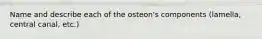 Name and describe each of the osteon's components (lamella, central canal, etc.)