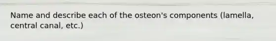 Name and describe each of the osteon's components (lamella, central canal, etc.)