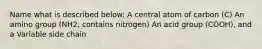 Name what is described below: A central atom of carbon (C) An amino group (NH2, contains nitrogen) An acid group (COOH), and a Variable side chain