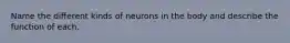 Name the different kinds of neurons in the body and describe the function of each.