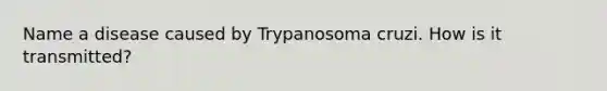 Name a disease caused by Trypanosoma cruzi. How is it transmitted?