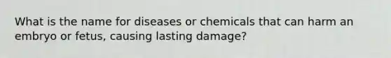 What is the name for diseases or chemicals that can harm an embryo or fetus, causing lasting damage?