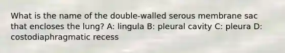 What is the name of the double-walled serous membrane sac that encloses the lung? A: lingula B: pleural cavity C: pleura D: costodiaphragmatic recess