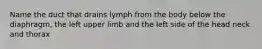 Name the duct that drains lymph from the body below the diaphragm, the left upper limb and the left side of the head neck and thorax