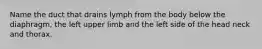 Name the duct that drains lymph from the body below the diaphragm, the left upper limb and the left side of the head neck and thorax.