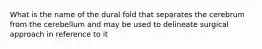 What is the name of the dural fold that separates the cerebrum from the cerebellum and may be used to delineate surgical approach in reference to it