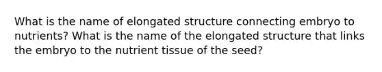 What is the name of elongated structure connecting embryo to nutrients? What is the name of the elongated structure that links the embryo to the nutrient tissue of the seed?