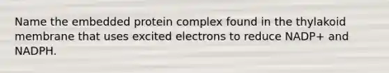 Name the embedded protein complex found in the thylakoid membrane that uses excited electrons to reduce NADP+ and NADPH.