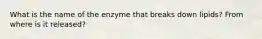 What is the name of the enzyme that breaks down lipids? From where is it released?