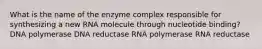 What is the name of the enzyme complex responsible for synthesizing a new RNA molecule through nucleotide binding? DNA polymerase DNA reductase RNA polymerase RNA reductase