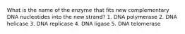 What is the name of the enzyme that fits new complementary DNA nucleotides into the new strand? 1. DNA polymerase 2. DNA helicase 3. DNA replicase 4. DNA ligase 5. DNA telomerase